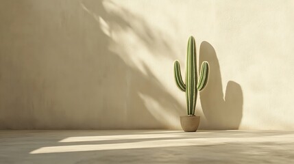 Cactus in a pot with shadows on a beige wall