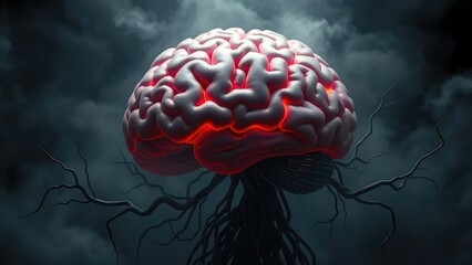 Obraz premium Dark fog surrounds a brain with twisted roots, psychological weight, neurons
