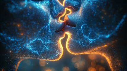 Obraz premium Two ethereal figures kiss, radiating vibrant colors and energy