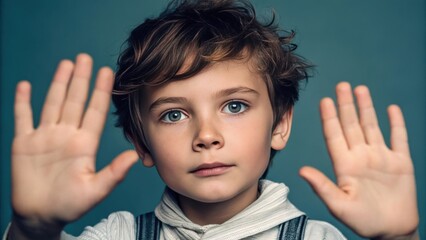a young boy with blue eyes looks directly at the camera with both hands outstretched in front of him