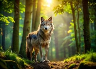 Fototapeta premium Majestic Lone Wolf in Mystical Forest - Dramatic Landscape Photography