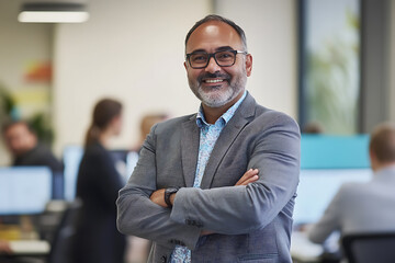 Portrait of confident happy rich middle aged business man leader of team,investor,professional Successful mature businessman standing arms crossed in office and wearing beautiful suit.chairman profile