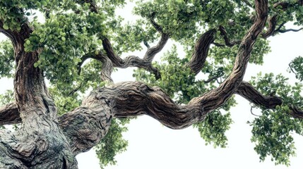 Obraz premium Ancient tree branches, lush green leaves, summer sky, nature background, environmental design