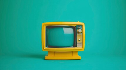 Retro Yellow Television Set on Teal Background - Vintage Television Nostalgia