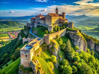 Naklejka premium Majestic Medieval Fortress on Hilltop, Panoramic Bulgarian Landscape, Ancient Ruins, Historical Site, Veliko Tarnovo