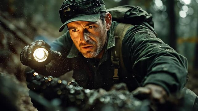 Tactical Operation: A focused man in tactical gear uses a flashlight to inspect something in a dark forest, his intense gaze reflecting the seriousness of the mission.  