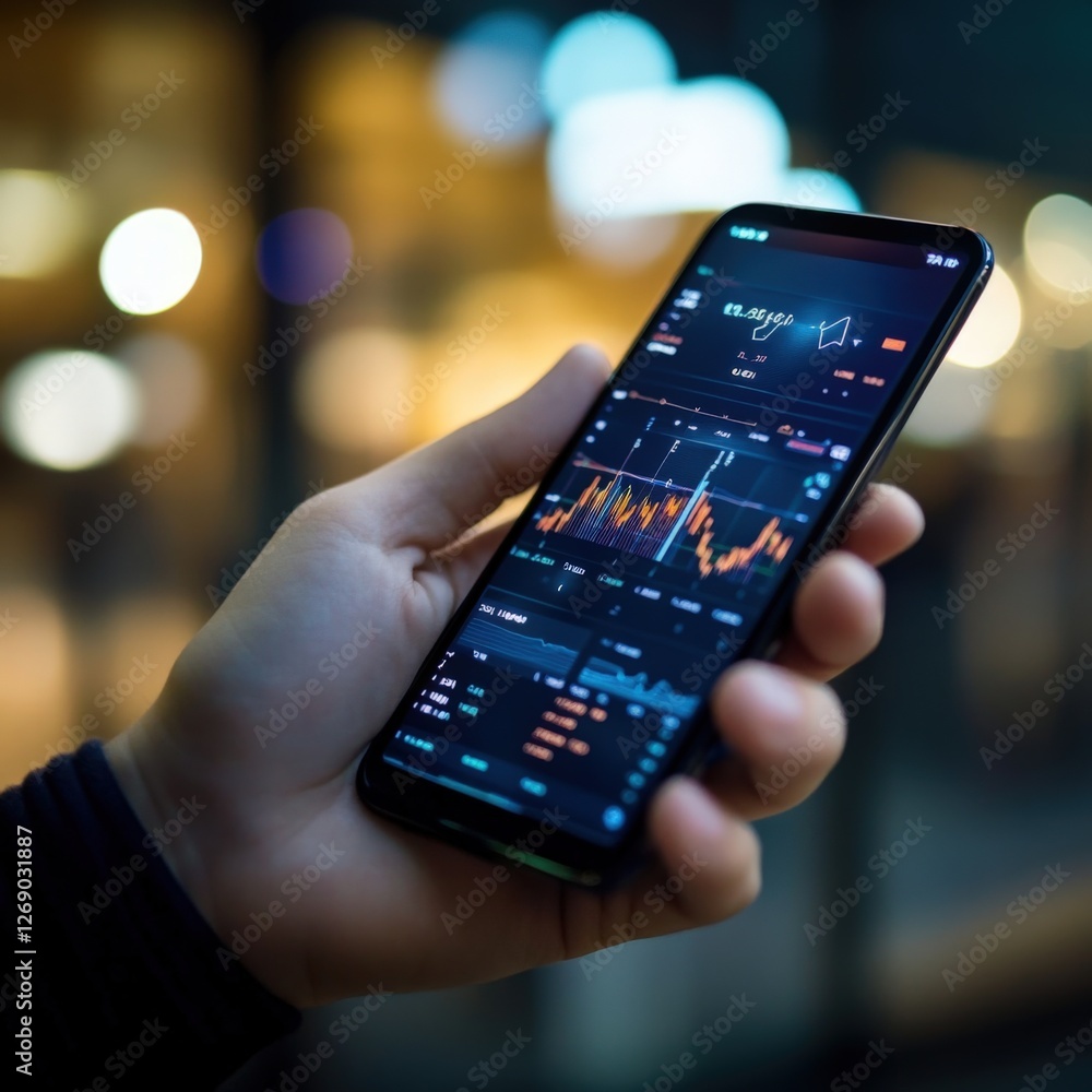 Poster analyzing financial data on a smartphone urban setting digital content nighttime close-up view data 