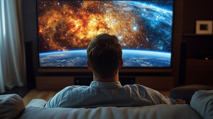 Naklejka premium Man Watching Space Documentary on Large Screen TV at Home