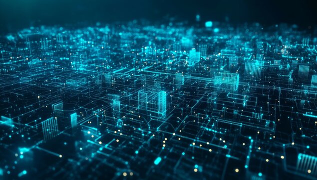 Digital city network, glowing nodes, data flow, futuristic cityscape, tech background, website banner