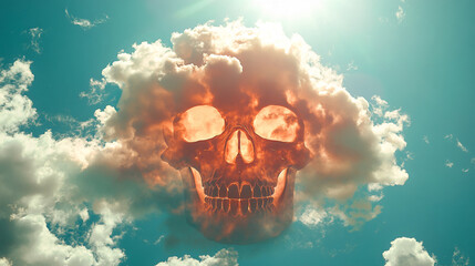 A large skull cloud formation illuminated by fiery orange hues, floating in a dramatic sky. The image symbolizes death, power, and apocalyptic themes with surreal imagery.