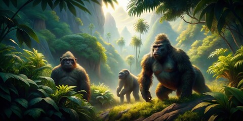 Obraz premium Majestic Mountain Gorilla in Misty Forest - Aerial View