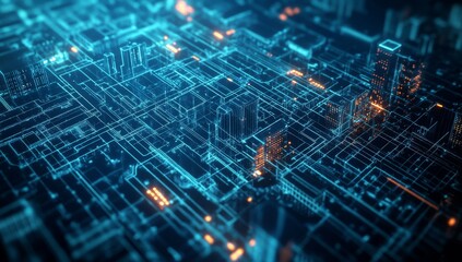 Futuristic city circuit board glowing network