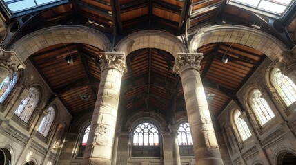 Fototapeta premium Interior view of a grand hall featuring tall columns and wooden beams, with sunlight streaming through large windows