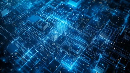 Futuristic city data network glowing circuit board