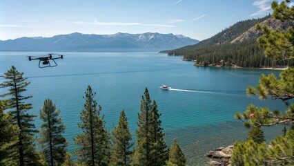 Obraz premium Drone flying over lake Tahoe with a small boat sailing across the blue waters, surrounded by pine trees and mountains in the background, boat on lake, scenic view, aerial photography