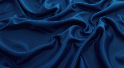 Deep blue satin drapery with gentle fabric waves, smooth reflective texture, glossy highlights and deep shadows, abstract luxury textile composition.
