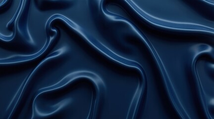 Fototapeta premium Elegant dark blue silk fabric with rich, flowing folds, glossy highlights, soft waves, smooth and shiny texture, sophisticated textile background.
