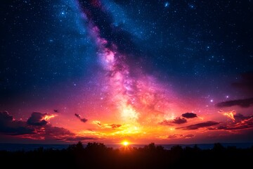 Obraz premium Stunning Milky Way Galaxy with Vibrant Sunset Over Horizon for Posters and Prints