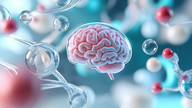 A detailed illustration of a brain surrounded by molecular structures, emphasizing the connection between neuroscience and molecular biology.