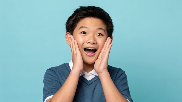 Surprised boy with hands on cheeks