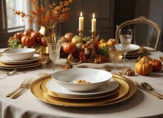 Elegant autumn table setting with gold accents, seasonal, table setting, holiday