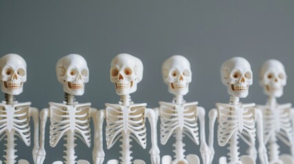 A row of miniature skeleton figures on a neutral background, showcasing human anatomy for educational purposes