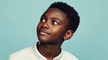 Obraz premium a young boy with a thoughtful expression gazes upwards. He is wearing a white shirt with a blue background. The photograph captures a moment of contemplation and introspection.