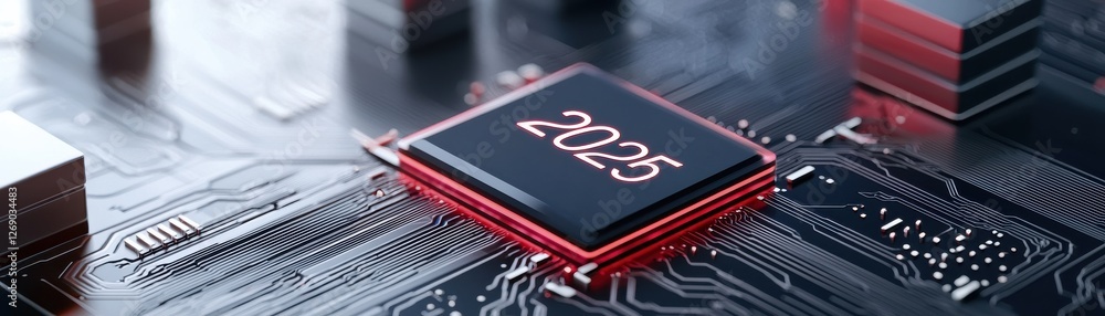 Aufkleber modern microchip technology with the year 2025 displayed on a futuristic circuit board background