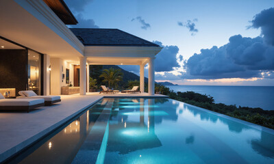 Fototapeta premium Luxury Beachfront Villa with Infinity Pool A stunning luxury beachfront villa with an infinity pool extending towards the horizon, ocean views, lush gardens,