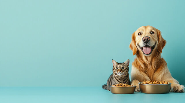 Close-up of a smiling golden retriever dog and a tabby cat sitting beside their food bowls, symbolizing companionship and friendship with a bright blue background.