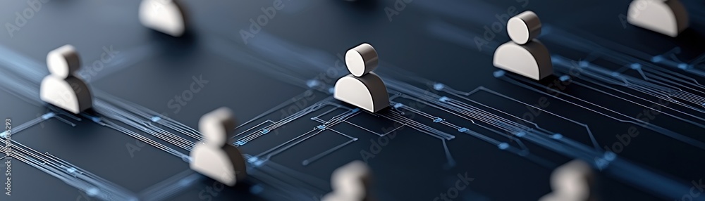 Poster wooden figures on abstract digital background symbolizing connectivity and collaboration in a virtua