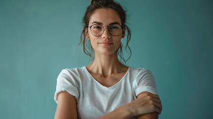 Obraz premium Beautiful young woman with eyeglasses standing against a blue background. She is wearing a white shirt and has her hair in a bun.