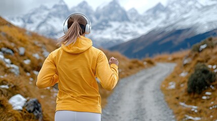 Naklejka premium A runner in a yellow hoodie jogs along a scenic mountain trail surrounded by snowy peaks and autumn foliage.