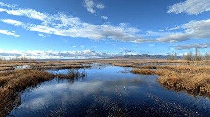 Fototapeta premium Tranquil marsh reflections, sunny sky, distant mountains