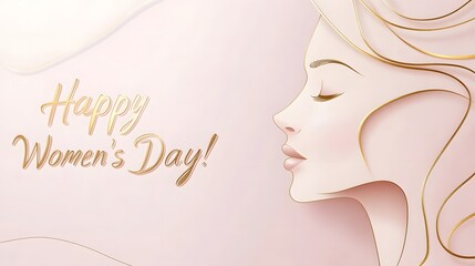 Happy Women's Day: Paper Art-Style Background with Woman's Face and Golden Lines, Pastel Pink with Text, Vector Illustration for Greeting Card, Banner, Poster, or Print