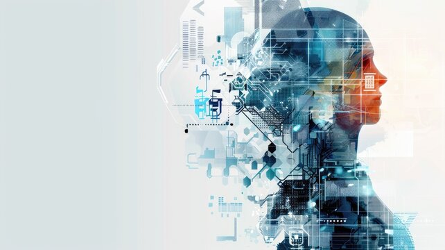 This abstract image visually represents the intersection of technology and human creativity. It features a silhouette intertwined with digital elements, symbolizing innovation and thought.