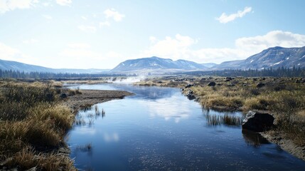 Obraz premium Serene mountain river reflecting sky, steam rising from valley
