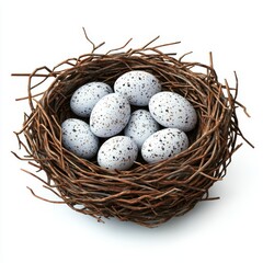 Obraz premium Birds nest filled with tiny speckled eggs, symbolizing new beginnings, isolated on white