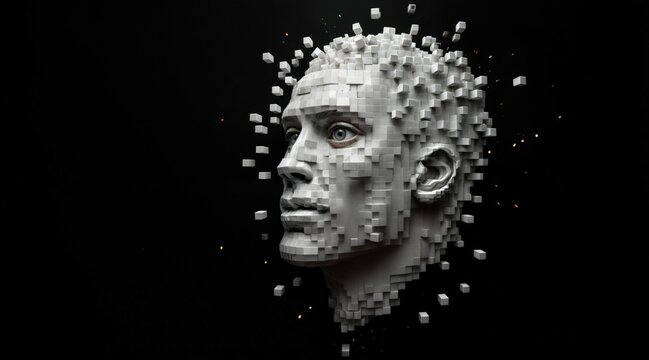 Digital voxel portrait of a man, fragmented cube-based composition, pixel breakdown effect, grayscale tones, modern abstract art, futuristic and serene expression, dissolving geometric form.