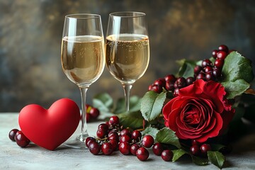 Romantic Celebration: Champagne, Rose, and Heart Symbol for Valentine's Day Card Design