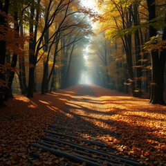 Forest path lined with a blanket of fallen leaves, woodland landscape, fall colors, earthy textures, walking trail, leaf blanket