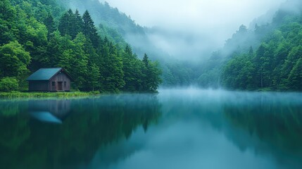 Fototapeta premium Serene Mountain Lake with Misty Trees and Cabin in Tranquil Nature