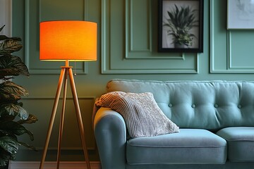 Cozy Living Room with Orange Lamp and Teal Sofa