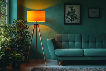 Cozy Teal Living Room with Warm Lighting and Lush Plants