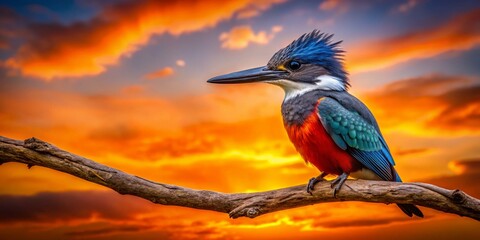 Fototapeta premium Majestic Ringed Kingfisher Silhouette at Sunset - Bird Silhouette Photography