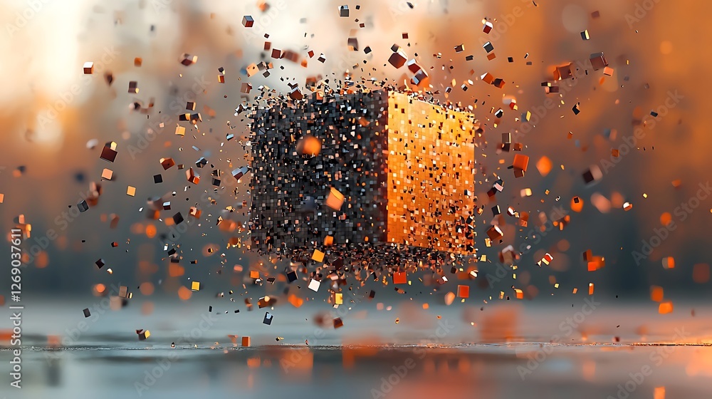 Poster Exploding metallic cube, autumn backdrop, digital art, abstract design