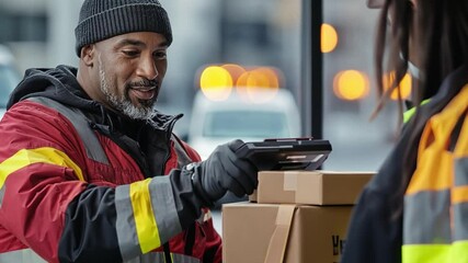 Delivery Professional Scanning Packages: A focused delivery driver scans packages with a handheld device, showcasing dedication and efficiency in the logistics industry.