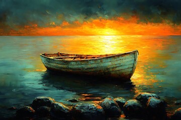 Serene Sunset Over Water with a Fishing Boat