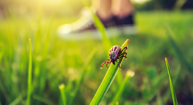 Bloodsucking tick on grass blade anticipates passing outdoors person as sunlight illuminates nature&rsquo;s delicate balance