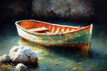 An aged fishing boat rests peacefully by the shore.